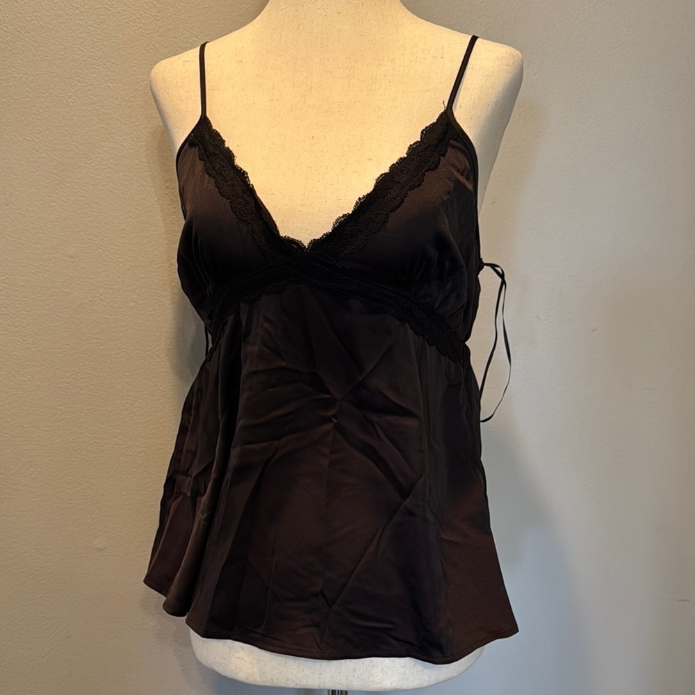 Hippie Rose Black silky Lace Trim Camisole Top NWT M